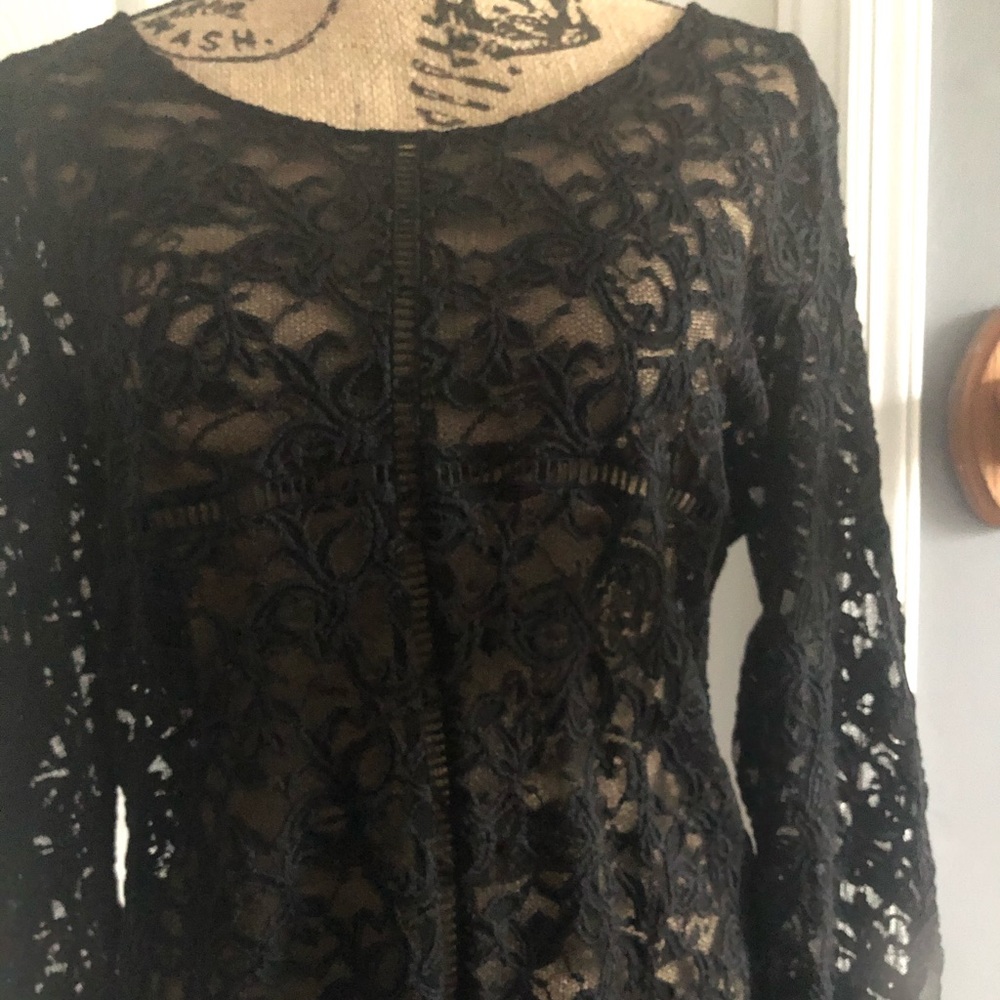 SOLD-,Beautiful Black Lace Bell Sleeve Blouse - Picture 2 of 7